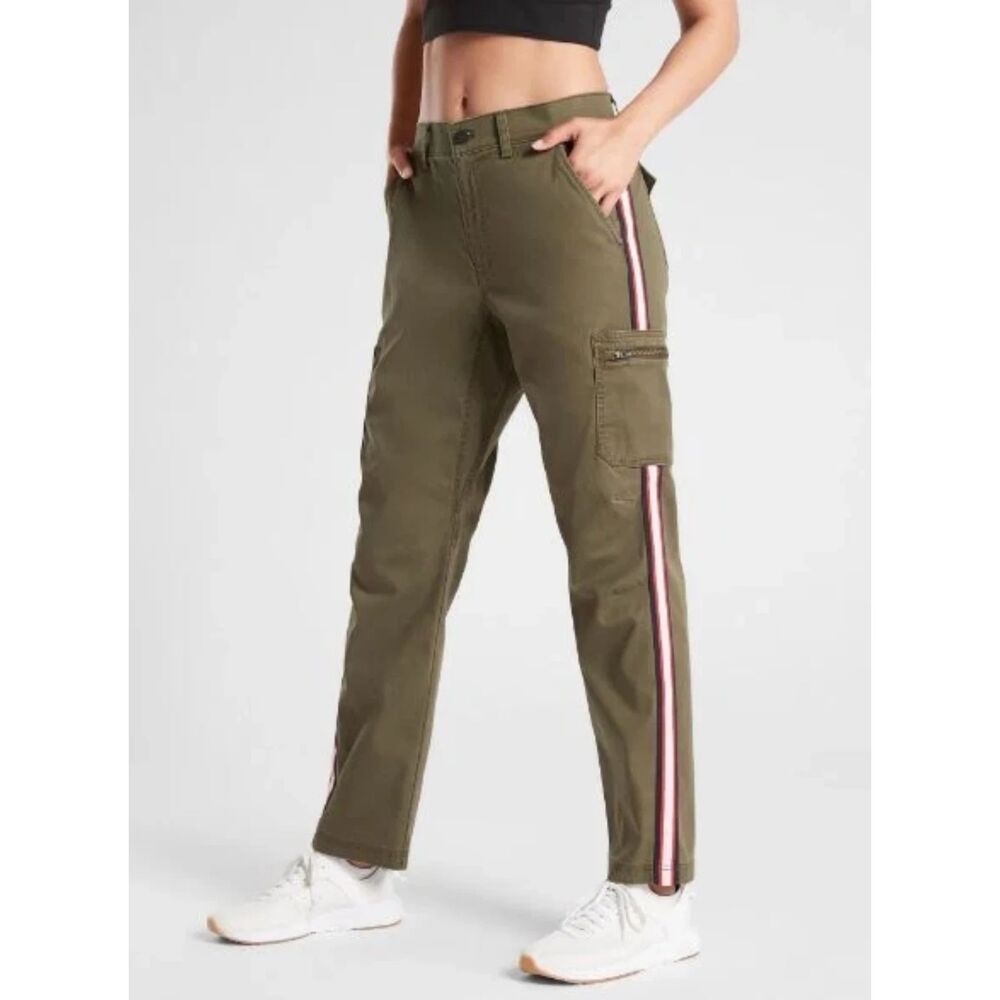 Athleta Womens 2 Olive Green Summit Cargo Pants Side Stripes Pockets Mid Rise
